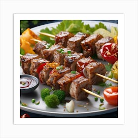 Meat Skewers On A Plate Art Print