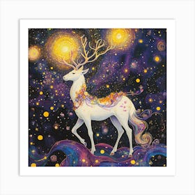 White Deer In Galaxy Art Print