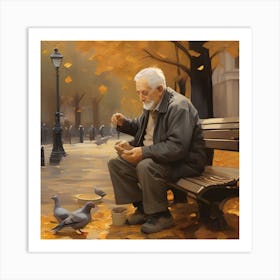 Old Man Feeding Pigeons 1 Art Print