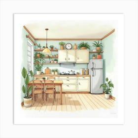 Inviting Kitchen Watercolor, Serene, Pleasant Setting 1 Art Print