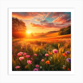 Sunset In A Field Of Flowers Art Print