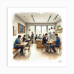 Trendy Coffee Shop In Watercolor, With Patrons Enjoying Their Drinks Art Print