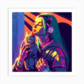 Neon Girl With Cat Art Print