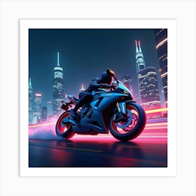 Super Bike Speeding Through A Neon Lit Cityscape At Night 1 Art Print