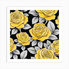 Yellow Roses On Black Background 5 Art Print