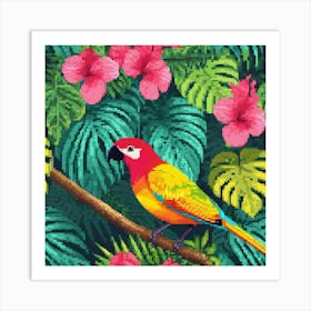 Parrot In The Jungle, Tropical, pic cell art, good flowers, nice colors, flowers, trees, digital art of nature, wall art of birds, wall art of flowers, wall art of greenery Art Print