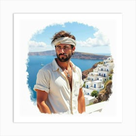 A Captivating Greek Man In Watercolor, Framed By The Picturesque Landscape Of Santorini 1 Art Print