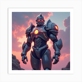 Titan With Glowing Armor, Set Against A Colorful Watercolor Sky 1 Art Print