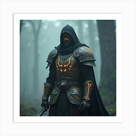 A Warrior With Glowing Runes On Armor, Standing In Fog 1 Art Print