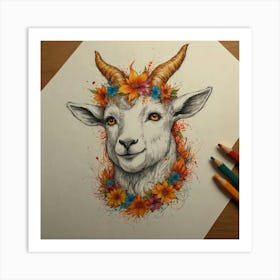 Goat With Flowers Art Print