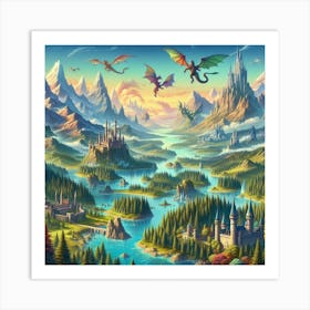 Fantasy Landscape With Dragons Art Print