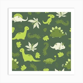 Cute Dinosaurs And Leaves Pattern Art Print