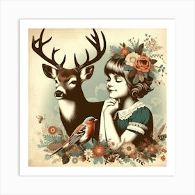 Little Girl With Deer Art Print