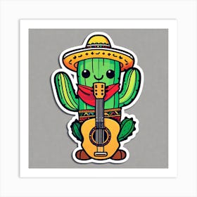 Cactus Wearing Mexican Sombrero And Poncho And Guitar Sticker 2d Cute Fantasy Dreamy Vector Ill (38) Art Print