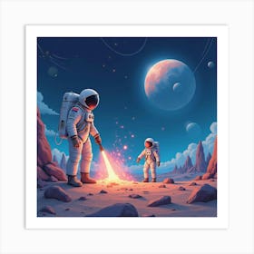 Watercolor Astronauts Collecting Glowing Cosmic Rocks On An Alien Moon 1 Art Print