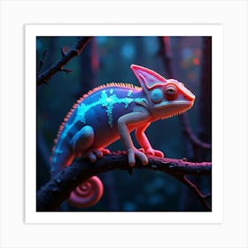 A Chameleon With Glowing, Shifting Colors, Blending Into A Neon Lit Forest Art Print