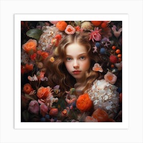 Girl Surrounded By Flowers Art Print