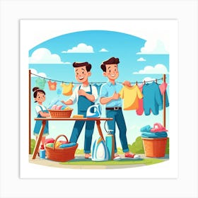 Family Washing Clothes In The Garden Art Print