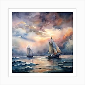 SERENE SAILBOATS AT SUNSET - BREATHTAKING WATERCOLOR ART PRINT FOR NAUTICAL LOVERS Art Print