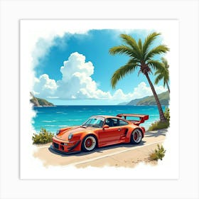 Porsche 911 Gt1 Surrounded By A Vibrant Watercolor Ocean View Art Print