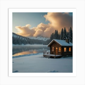 A Snowy Landscape With A Frozen Lake And A Cozy Cabin With Smoke Rising From The Chimney 2 Art Print