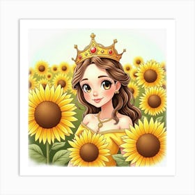 Watercolor Portrait Of Young Queen Amidst A Field Of Sunflowers Art Print