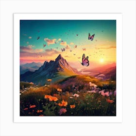 Firefly Mountain, Scenery, Nature, Sunrise, Butterfly, Wings, Paintbrush, Paints, Scattered, Small L (3) Art Print