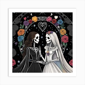 Skeleton Wedding LBGTQ love whimsical minimalistic line art Art Print