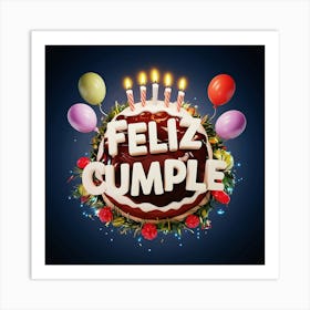 Feliz cumple and Feliz cumpleaños sign means Happy Birthday in Spanish language, Birthday party celebration gift with birthday cake candle colorful balloons best congratulation over light background wall artFeliz Cumple 27 Art Print