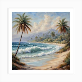 Palm Trees On The Beach, A Tranquil Beach Scene With Palm Trees And Gentle Waves art print 2 Art Print