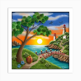 Highly detailed digital painting with sunset landscape design Art Print