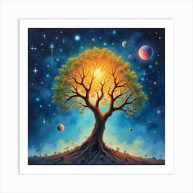 A Watercolor Cosmic Tree Glowing Under A Sky Filled With Stars And Planets 1 Art Print