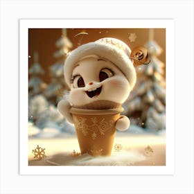 Golden Coffee Cup Funny Character Pixar Art Winter Art Print