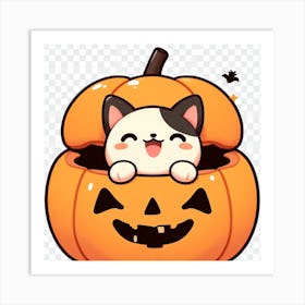 Kawaii Halloween Cat in Pumpkin Cute Cartoon Anime Kitty Art Print