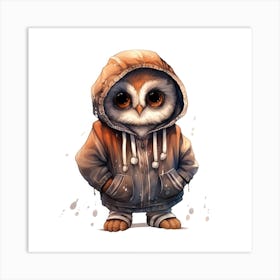 Watercolour Cartoon Owl In A Hoodie 3 Art Print