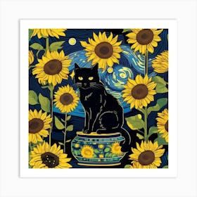 Black Cat With Sunflowers 1 Art Print