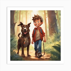 Boy And Dog In The Woods Art Print