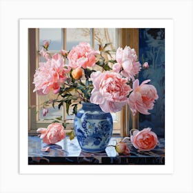 Pink Peonies In A Blue Vase Art Print