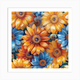 Blue And Orange Flowers Art Print