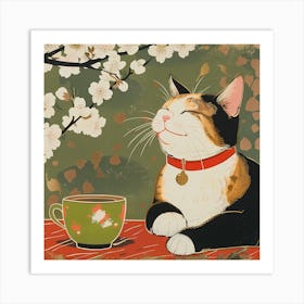 Black Calico Cat And Green Tea Art Print