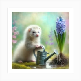 Ferret Watering Flower Art Print