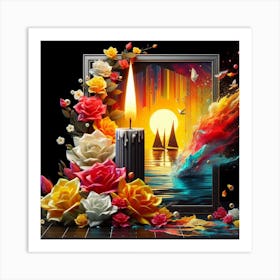 A lit candle inside a picture frame surrounded by flowers 9 Art Print