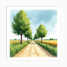 French Countryside Road In Watercolor Lined With Poplar Trees And Fields 1 Art Print