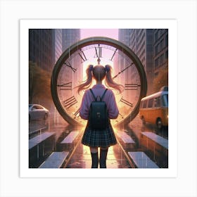 Girl Standing In Front Of A Clock Art Print