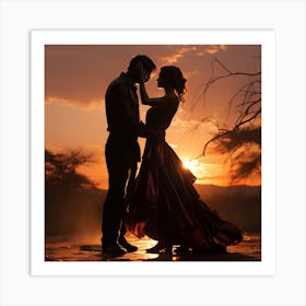 Silhouette Of A Couple At Sunset Art Print