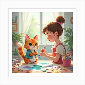 A Ragdoll Cat And A Teenager Painting Together In A Bright Art Studio, Watercolor Art Print