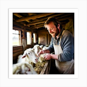 Shepherd Feeding Sheep Art Print