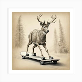 Deer On Skateboard Art Print