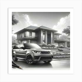 A Pencil Drawing Of A Range Rover Sport In Front Of A Beautiful Modern Mansion 3 Art Print