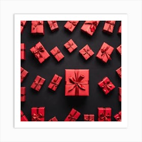 Red Gift Box On A Plain Black Background (2) Art Print